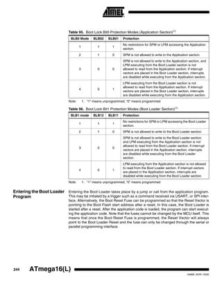 244 ATmega16(L)
2466E–AVR–10/02
Note: 1. “1” means unprogrammed, “0” means programmed
Note: 1. “1” means unprogrammed, “0” means programmed
Entering the Boot Loader
Program
Entering the Boot Loader takes place by a jump or call from the application program.
This may be initiated by a trigger such as a command received via USART, or SPI inter-
face. Alternatively, the Boot Reset Fuse can be programmed so that the Reset Vector is
pointing to the Boot Flash start address after a reset. In this case, the Boot Loader is
started after a reset. After the application code is loaded, the program can start execut-
ing the application code. Note that the fuses cannot be changed by the MCU itself. This
means that once the Boot Reset Fuse is programmed, the Reset Vector will always
point to the Boot Loader Reset and the fuse can only be changed through the serial or
parallel programming interface.
Table 95. Boot Lock Bit0 Protection Modes (Application Section)(1)
BLB0 Mode BLB02 BLB01 Protection
1 1 1
No restrictions for SPM or LPM accessing the Application
section.
2 1 0 SPM is not allowed to write to the Application section.
3 0 0
SPM is not allowed to write to the Application section, and
LPM executing from the Boot Loader section is not
allowed to read from the Application section. If interrupt
vectors are placed in the Boot Loader section, interrupts
are disabled while executing from the Application section.
4 0 1
LPM executing from the Boot Loader section is not
allowed to read from the Application section. If interrupt
vectors are placed in the Boot Loader section, interrupts
are disabled while executing from the Application section.
Table 96. Boot Lock Bit1 Protection Modes (Boot Loader Section)(1)
BLB1 mode BLB12 BLB11 Protection
1 1 1
No restrictions for SPM or LPM accessing the Boot Loader
section.
2 1 0 SPM is not allowed to write to the Boot Loader section.
3 0 0
SPM is not allowed to write to the Boot Loader section,
and LPM executing from the Application section is not
allowed to read from the Boot Loader section. If interrupt
vectors are placed in the Application section, interrupts
are disabled while executing from the Boot Loader
section.
4 0 1
LPM executing from the Application section is not allowed
to read from the Boot Loader section. If interrupt vectors
are placed in the Application section, interrupts are
disabled while executing from the Boot Loader section.
 