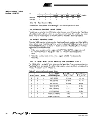 40 ATmega16(L)
2466E–AVR–10/02
Watchdog Timer Control
Register – WDTCR
• Bits 7..5 – Res: Reserved Bits
These bits are reserved bits in the ATmega16 and will always read as zero.
• Bit 4 – WDTOE: Watchdog Turn-off Enable
This bit must be set when the WDE bit is written to logic zero. Otherwise, the Watchdog
will not be disabled. Once written to one, hardware will clear this bit after four clock
cycles. Refer to the description of the WDE bit for a Watchdog disable procedure.
• Bit 3 – WDE: Watchdog Enable
When the WDE is written to logic one, the Watchdog Timer is enabled, and if the WDE is
written to logic zero, the Watchdog Timer function is disabled. WDE can only be cleared
if the WDTOE bit has logic level one. To disable an enabled Watchdog Timer, the follow-
ing procedure must be followed:
1. In the same operation, write a logic one to WDTOE and WDE. A logic one must
be written to WDE even though it is set to one before the disable operation
starts.
2. Within the next four clock cycles, write a logic 0 to WDE. This disables the
Watchdog.
• Bits 2..0 – WDP2, WDP1, WDP0: Watchdog Timer Prescaler 2, 1, and 0
The WDP2, WDP1, and WDP0 bits determine the Watchdog Timer prescaling when the
Watchdog Timer is enabled. The different prescaling values and their corresponding
Timeout Periods are shown in Table 17.
Bit 7 6 5 4 3 2 1 0
– – – WDTOE WDE WDP2 WDP1 WDP0 WDTCR
Read/Write R R R R/W R/W R/W R/W R/W
Initial Value 0 0 0 0 0 0 0 0
Table 17. Watchdog Timer Prescale Select
WDP2 WDP1 WDP0
Number of WDT
Oscillator Cycles
Typical Time-out
at VCC = 3.0V
Typical Time-out
at VCC = 5.0V
0 0 0 16K (16,384) 17.1 ms 16.3 ms
0 0 1 32K (32,768) 34.3 ms 32.5 ms
0 1 0 64K (65,536) 68.5 ms 65 ms
0 1 1 128K (131,072) 0.14 s 0.13 s
1 0 0 256K (262,144) 0.27 s 0.26 s
1 0 1 512K (524,288) 0.55 s 0.52 s
1 1 0 1,024K (1,048,576) 1.1 s 1.0 s
1 1 1 2,048K (2,097,152) 2.2 s 2.1 s
 