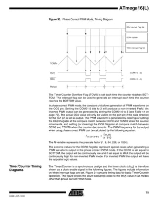 75
ATmega16(L)
2466E–AVR–10/02
Figure 33. Phase Correct PWM Mode, Timing Diagram
The Timer/Counter Overflow Flag (TOV0) is set each time the counter reaches BOT-
TOM. The interrupt flag can be used to generate an interrupt each time the counter
reaches the BOTTOM value.
In phase correct PWM mode, the compare unit allows generation of PWM waveforms on
the OC0 pin. Setting the COM01:0 bits to 2 will produce a non-inverted PWM. An
inverted PWM output can be generated by setting the COM01:0 to 3 (see Table 41 on
page 79). The actual OC0 value will only be visible on the port pin if the data direction
for the port pin is set as output. The PWM waveform is generated by clearing (or setting)
the OC0 Register at the compare match between OCR0 and TCNT0 when the counter
increments, and setting (or clearing) the OC0 Register at compare match between
OCR0 and TCNT0 when the counter decrements. The PWM frequency for the output
when using phase correct PWM can be calculated by the following equation:
The N variable represents the prescale factor (1, 8, 64, 256, or 1024).
The extreme values for the OCR0 Register represent special cases when generating a
PWM waveform output in the phase correct PWM mode. If the OCR0 is set equal to
BOTTOM, the output will be continuously low and if set equal to MAX the output will be
continuously high for non-inverted PWM mode. For inverted PWM the output will have
the opposite logic values.
Timer/Counter Timing
Diagrams
The Timer/Counter is a synchronous design and the timer clock (clkT0) is therefore
shown as a clock enable signal in the following figures. The figures include information
on when interrupt flags are set. Figure 34 contains timing data for basic Timer/Counter
operation. The figure shows the count sequence close to the MAX value in all modes
other than phase correct PWM mode.
TOVn Interrupt Flag Set
OCn Interrupt Flag Set
1 2 3
TCNTn
Period
OCn
OCn
(COMn1:0 = 2)
(COMn1:0 = 3)
OCRn Update
fOCnPCPWM
fclk_I/O
N 510⋅
------------------=
 