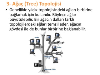 3- Ağaç (Tree) Topolojisi
• Genellikle yıldız topolojisindeki ağları birbirine
bağlamak için kullanılır. Böylece ağlar
büyütülebilir. Bir ağacın dalları farklı
topolojilerdeki ağları temsil eder, ağacın
gövdesi ile de bunlar birbirine bağlanabilir.
 