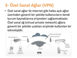 3- Özel Sanal Ağlar (VPN)
• Özel sanal ağlar ile internet gibi halka açık ağlar
üzerinden güvenli bir şekilde kullanıcıların kendi
kurum kaynaklarına erişmeleri sağlanmaktadır.
Özel sanal ağ (virtual private network) ağlara
güvenli bir şekilde uzaktan erişimde kullanılan bir
teknolojidir.
 