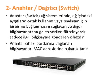 2- Anahtar / Dağıtıcı (Switch)
• Anahtar (Switch) ağ sistemlerinde, ağ içindeki
aygıtların ortak kullanım veya paylaşım için
birbirine bağlanmasını sağlayan ve diğer
bilgisayarlardan gelen verileri filtreleyerek
sadece ilgili bilgisayara gönderen cihazdır.
• Anahtar cihazı portlarına bağlanan
bilgisayarları MAC adreslerine bakarak tanır.
 