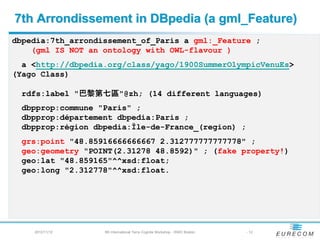 7th Arrondissement in DBpedia (a gml_Feature)
dbpedia:7th_arrondissement_of_Paris a gml:_Feature ;
    (gml IS NOT an ontology with OWL-flavour )
  a <http://dbpedia.org/class/yago/1900SummerOlympicVenuEs>
(Yago Class)

 rdfs:label "巴黎第七區"@zh; (14 different languages)
  dbpprop:commune "Paris" ;
  dbpprop:département dbpedia:Paris ;
  dbpprop:région dbpedia:Île-de-France_(region) ;
  grs:point "48.85916666666667 2.312777777777778" ;
  geo:geometry "POINT(2.31278 48.8592)" ; (fake property!)
  geo:lat "48.859165"^^xsd:float;
  geo:long "2.312778"^^xsd:float.




    2012/11/12     5th International Terra Cognita Workshop - ISWC Boston   - 12
 