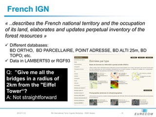 French IGN
« ..describes the French national territory and the occupation
of its land, elaborates and updates perpetual inventory of the
forest resources »
  Different databases:
  BD ORTHO, BD PARCELLAIRE, POINT ADRESSE, BD ALTI 25m, BD
  TOPO; etc.
  Data in LAMBERT93 or RGF93

Q: ”Give me all the
bridges in a radius of
2km from the "Eiffel
Tower“?
A: Not straightforward

     2012/11/12     5th International Terra Cognita Workshop - ISWC Boston   - 15
 