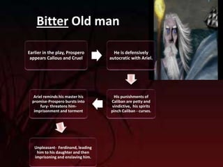Bitter Old man 
Earlier in the play, Prospero 
appears Callous and Cruel 
He is defensively 
autocratic with Ariel. 
His punishments of 
Caliban are petty and 
vindictive, his spirits 
pinch Caliban - curses. 
Ariel reminds his master his 
promise-Prospero bursts into 
fury- threatens him-imprisonment 
and torment 
Unpleasant- Ferdinand, leading 
him to his daughter and then 
imprisoning and enslaving him. 
 
