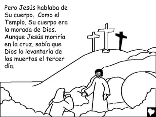 Pero Jesús hablaba de
Su cuerpo. Como el
Templo, Su cuerpo era
la morada de Dios.
Aunque Jesús moriría
en la cruz, sabía que
Dios lo levantaría de
los muertos el tercer
día.

 