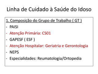 Linha de Cuidado à Saúde do Idoso
1. Composição do Grupo de Trabalho ( GT )
- PAISI
- Atenção Primária: CS01
- GAPESF ( ESF )
- Atenção Hospitalar: Geriatria e Gerontologia
- NEPS
- Especialidades: Reumatologia/Ortopedia
 