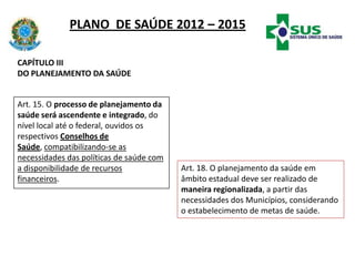 PLANO DE SAÚDE 2012 – 2015
Art. 15. O processo de planejamento da
saúde será ascendente e integrado, do
nível local até o federal, ouvidos os
respectivos Conselhos de
Saúde, compatibilizando-se as
necessidades das políticas de saúde com
a disponibilidade de recursos
financeiros.
Art. 18. O planejamento da saúde em
âmbito estadual deve ser realizado de
maneira regionalizada, a partir das
necessidades dos Municípios, considerando
o estabelecimento de metas de saúde.
CAPÍTULO III
DO PLANEJAMENTO DA SAÚDE
 