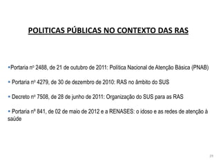 POLITICAS PÚBLICAS NO CONTEXTO DAS RAS
29
Portaria no 2488, de 21 de outubro de 2011: Política Nacional de Atenção Básica (PNAB)
 Portaria no 4279, de 30 de dezembro de 2010: RAS no âmbito do SUS
 Decreto no 7508, de 28 de junho de 2011: Organização do SUS para as RAS
 Portaria nº 841, de 02 de maio de 2012 e a RENASES: o idoso e as redes de atenção à
saúde
 