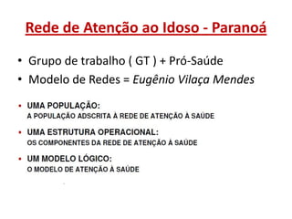 Rede de Atenção ao Idoso - Paranoá
• Grupo de trabalho ( GT ) + Pró-Saúde
• Modelo de Redes = Eugênio Vilaça Mendes
• Elementos constitutivos:
- População
- Sistema Operacional
- Modelos de Atenção
• Fluxo Assistencial
• Macroprocessos de Trabalho
 