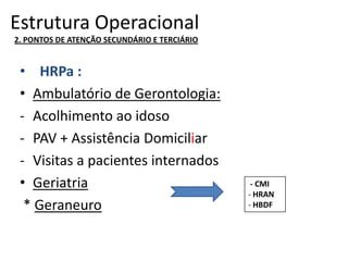 Estrutura Operacional
2. PONTOS DE ATENÇÃO SECUNDÁRIO E TERCIÁRIO
• HRPa :
• Ambulatório de Gerontologia:
- Acolhimento ao idoso
- PAV + Assistência Domiciliar
- Visitas a pacientes internados
• Geriatria
* Geraneuro
- CMI
- HRAN
- HBDF
 