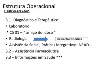 Estrutura Operacional
3. SISTEMAS DE APOIO
3.1- Diagnóstico e Terapêutico:
• Laboratório
* CS 01 – “ amigo do idoso ”
• Radiologia
• Assistência Social, Práticas Integrativas, NRAD...
3.2 – Assistência Farmacêutica
3.3 – Informações em Saúde ***
MARCAÇÃO PELO SISREG
 