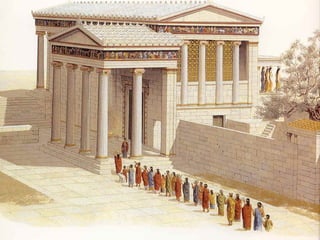 ERECTEON
• Templo jónico, integra en un mismo
edificio múltiple cultos relacionados con el
origen de la ciudad.
• Se compone de dos espacios básicos:
– un prónaos dedicado a Athena Polias 'Atena
protectora de la ciudad'.
– diversas cámaras con otro pórtico sostenido
por seis pilastras llamadas Cariátides, en el
extremo opuesto.
 