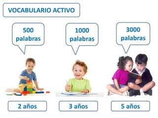 VOCABULARIO ACTIVO 
500 
palabras 
1000 
palabras 
3000 
palabras 
2 años 3 años 5 años 
 