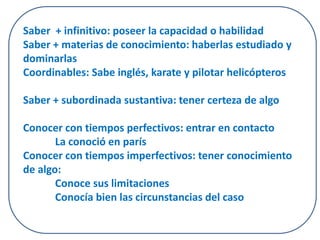 Saber + infinitivo: poseer la capacidad o habilidad 
Saber + materias de conocimiento: haberlas estudiado y 
dominarlas 
Coordinables: Sabe inglés, karate y pilotar helicópteros 
Saber + subordinada sustantiva: tener certeza de algo 
Conocer con tiempos perfectivos: entrar en contacto 
La conoció en parís 
Conocer con tiempos imperfectivos: tener conocimiento 
de algo: 
Conoce sus limitaciones 
Conocía bien las circunstancias del caso 
 