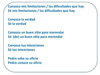 Conozco mis limitaciones / las dificultades que hay 
Sé mis limitaciones / las dificultades que hay 
Conozco la verdad 
Sé la verdad 
Conozco un buen sitio para merendar 
Sé (de) un buen sitio para merendar 
Conozco tus intenciones 
Sé tus intenciones 
Pedro sabe su oficio 
Pedro conoce su oficio 
 