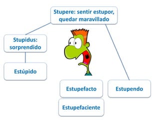 Stupere: sentir estupor, 
quedar maravillado 
Stupidus: 
sorprendido 
Estúpido 
Estupefacto Estupendo 
Estupefaciente 
 