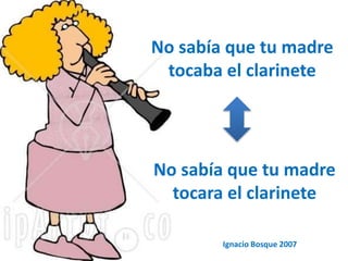 No sabía que tu madre 
tocaba el clarinete 
No sabía que tu madre 
tocara el clarinete 
Ignacio Bosque 2007 
 