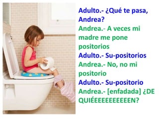 Adulto.- ¿Qué te pasa, 
Andrea? 
Andrea.- A veces mi 
madre me pone 
positorios 
Adulto.- Su-positorios 
Andrea.- No, no mi 
positorio 
Adulto.- Su-positorio 
Andrea.- [enfadada] ¿DE 
QUIÉEEEEEEEEEEN? 
 