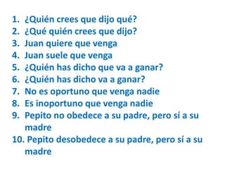 1. ¿Quién crees que dijo qué? 
2. ¿Qué quién crees que dijo? 
3. Juan quiere que venga 
4. Juan suele que venga 
5. ¿Quién has dicho que va a ganar? 
6. ¿Quién has dicho va a ganar? 
7. No es oportuno que venga nadie 
8. Es inoportuno que venga nadie 
9. Pepito no obedece a su padre, pero sí a su 
madre 
10. Pepito desobedece a su padre, pero sí a su 
madre 
 