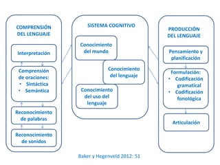 COMPRENSIÓN 
DEL LENGUAJE 
Interpretación 
Comprensión 
de oraciones: 
• Sintáctica 
• Semántica 
Reconocimiento 
de palabras 
Reconocimiento 
de sonidos 
PRODUCCIÓN 
DEL LENGUAJE 
Pensamiento y 
planificación 
Formulación: 
• Codificación 
gramatical 
• Codificación 
fonológica 
Articulación 
SISTEMA COGNITIVO 
Conocimiento 
del mundo 
Conocimiento 
del uso del 
lenguaje 
Conocimiento 
del lenguaje 
Baker y Hegenveld 2012: 51 
 