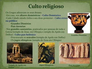 Os Gregos adoravam os seus deuses:
-Em casa, nos altares domésticos – Culto Doméstico
-Cada Cidade estado tinha o seu deus protector - Culto cívico
ou público
    -Grandes Dionísias
    -Pan-Ateneias
-Nos grandes santuários, praticados por pessoas de toda a
Grécia (templo de Zeus, em Olímpia e templo de Apolo em
Delfos) - Culto pan-helénico                                      Grandes Dionísias
    -Procuravam os oráculos (templo de Apolo em Delfos)
    -Os jogos olímpicos (templo de Zeus em Olímpia)




  Templo de Apolo em             Jogos Olímpicos                Pan-Ateneias
  Delfos
 