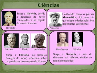 Surge a História, devido                Conhecido como o pai da
           à descrição de povos                    Matemática, foi com ele
           contactados e ao registo                que surgiu a designação. Fez
           de acontecimentos                       importantes descobertas
Heródoto                               Pitágoras




Sócrates       Platão    Aristóteles         Demóstenes     Péricles

Surge a Filosofia, os filósofos           Surge a Oratória, a arte de
8amigos do saber) reflectiam sobre        discursar em público, devido ao
os problemas do mundo e do Homem          regim democrático
 