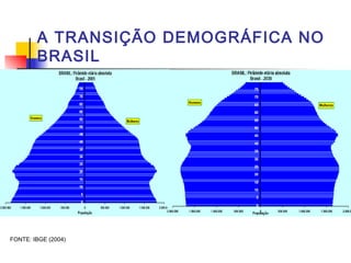 FONTE: IBGE (2004)
A TRANSIÇÃO DEMOGRÁFICA NO
BRASIL
 