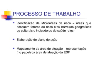 PROCESSO DE TRABALHO
 Identificação de Microáreas de risco – áreas que
possuem fatores de risco e/ou barreiras geográficas
ou culturais e indicadores de saúde ruins
 Elaboração de plano de ação
 Mapeamento da área de atuação – representação
(no papel) da área de atuação da ESF
 
