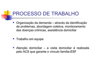 PROCESSO DE TRABALHO
 Organização da demanda – através da identificação
de problemas, abordagem coletiva, monitoramento
das doenças crônicas, assistência domiciliar
 Trabalho em equipe
 Atenção domiciliar – a visita domiciliar é realizada
pelo ACS que garante o vínculo família-ESF
 