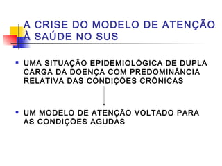 A CRISE DO MODELO DE ATENÇÃO
À SAÚDE NO SUS
 UMA SITUAÇÃO EPIDEMIOLÓGICA DE DUPLA
CARGA DA DOENÇA COM PREDOMINÂNCIA
RELATIVA DAS CONDIÇÕES CRÔNICAS
 UM MODELO DE ATENÇÃO VOLTADO PARA
AS CONDIÇÕES AGUDAS
 