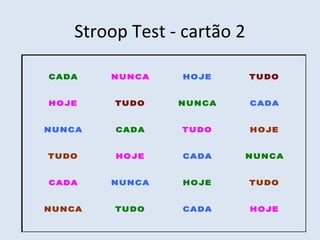 Stroop Test - cartão 2
CADA NUNCA HOJE TUDO
HOJE TUDO NUNCA CADA
NUNCA CADA TUDO HOJE
TUDO HOJE CADA NUNCA
CADA NUNCA HOJE TUDO
NUNCA TUDO CADA HOJE
 