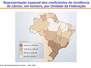 Representação espacial dos coeficientes de incidência de câncer, em homens, por Unidade da Federação Fonte: MS/Instituto Nacional de Câncer – INCA, 2004. 