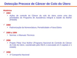Histórico 1984 Ações de controle do Câncer do colo do útero como uma das prioridades do Programa de Assistência Integral à Saúde da Mulher (PAISM) 1988 Padronização da Nomenclatura, Periodicidade e Faixa Etária 1989 a 1994 Normas  e Manuais Técnicos 1996 Projeto Piloto Viva Mulher (Programa Nacional de Controle do Câncer do Colo do Útero, coordenado pelo INCA e executado em 5 capitais e 1 estado) 1998 1ª Campanha Nacional  Detecção Precoce de Câncer de Colo do Útero  