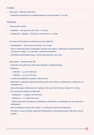Conduta
  Casos leves – Infecção urinária baixa:

  • Tratamento ambulatorial com antibioticoterapia por via oral durante 7 a 10 dias;



Medicação

  Como primeira escolha:

  • Ampicilina – 500 mg, VO, de 6/6 horas, 7 a 10 dias;

  • Cefalosporina 1ª geração – 500 mg, VO, de 6/6 horas, 7 a 10 dias.



  Em casos de não resposta ao tratamento ou caso recidivante:

  • Nitrofurantoína – 100 mg, VO, de 6/6 horas, 10 a 14 dias;

  • Iniciar o tratamento frente ao diagnóstico declarado sem esperar a realização dos exames laboratoriais,
   que devem ser feitos 7 a 15 dias após o término do tratamento;

  • A bacteriúria assintomática requer o mesmo tratamento dos casos leves.



  Casos graves – Infecção urinária alta:

  • Internação com controle dos sinais vitais, hidratação e antibioticoterapia;

  • Medicação:

     - Cefazolina – 1 g, IV, de 8/8 horas;

     - Cefalotina – 1 g, IV, de 6/6 horas;

  • A eficácia do tratamento é avaliada a cada 24 horas;

  • Administrar a medicação parental até 48 horas após cessar a febre e complementar o tratamento com
   medicação oral;

  • Após a fase aguda: cefalosporina de 1ª geração, 500 mg, VO, de 6/6 horas, durante 10 a 14 dias;

  • Em casos de não resposta ao tratamento:

   – Gentamicina – 1 mg/kg, IV, de 8/8 horas;

   – Ceftriaxona – 1 a 2 g/dia, dose única;

   – Nestes casos, após a fase aguda, complementar o tratamento com medicação oral, de acordo com o
   antibiograma;

  • Deve ser realizada urocultura de controle, 7 a 10 dias após o término do tratamento;

  • Em todos os casos de recidiva, administrar Nitrofurantoína, 100 mg diariamente à noite, até o final da
   gravidez.




                                                                                                              37
 