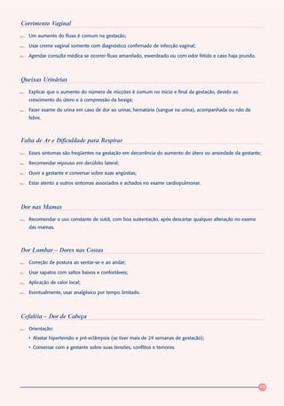 Corrimento Vaginal
   Um aumento do fluxo é comum na gestação;

   Usar creme vaginal somente com diagnóstico confirmado de infecção vaginal;

   Agendar consulta médica se ocorrer fluxo amarelado, esverdeado ou com odor fétido e caso haja prurido.




Queixas Urinárias
   Explicar que o aumento do número de micções é comum no ínicio e final da gestação, devido ao
   crescimento do útero e à compressão da bexiga;

   Fazer exame de urina em caso de dor ao urinar, hematúria (sangue na urina), acompanhada ou não de
   febre.



Falta de Ar e Dificuldade para Respirar
   Esses sintomas são freqüentes na gestação em decorrência do aumento do útero ou ansiedade da gestante;

   Recomendar repouso em decúbito lateral;

   Ouvir a gestante e conversar sobre suas angústias;

   Estar atento a outros sintomas associados e achados no exame cardiopulmonar.




Dor nas Mamas
   Recomendar o uso constante de sutiã, com boa sustentação, após descartar qualquer alteração no exame
   das mamas.



Dor Lombar – Dores nas Costas
   Correção de postura ao sentar-se e ao andar;

   Usar sapatos com saltos baixos e confortáveis;

   Aplicação de calor local;

   Eventualmente, usar analgésico por tempo limitado.




Cefaléia – Dor de Cabeça
   Orientação:
   • Afastar hipertensão e pré-eclâmpsia (se tiver mais de 24 semanas de gestação);
   • Conversar com a gestante sobre suas tensões, conflitos e temores.




                                                                                                            49
 