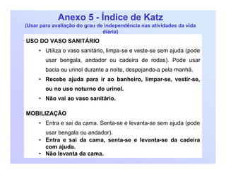 Anexo 5 - Índice de Katz
(Usar para avaliação do grau de independência nas atividades da vida
diária)
USO DO VASO SANITÁRIO
• Utiliza o vaso sanitário, limpa-se e veste-se sem ajuda (pode
usar bengala, andador ou cadeira de rodas). Pode usar
bacia ou urinol durante a noite, despejando-a pela manhã.
• Recebe ajuda para ir ao banheiro, limpar-se, vestir-se,
ou no uso noturno do urinol.
• Não vai ao vaso sanitário.
MOBILIZAÇÃO
• Entra e sai da cama. Senta-se e levanta-se sem ajuda (pode
usar bengala ou andador).
• Entra e sai da cama, senta-se e levanta-se da cadeira
com ajuda.
• Não levanta da cama.
 
