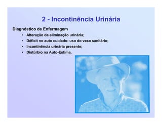 2 - Incontinência Urinária
Diagnóstico de Enfermagem
• Alteração da eliminação urinária;
• Déficit no auto cuidado: uso do vaso sanitário;
• Incontinência urinária presente;
• Distúrbio na Auto-Estima.
 