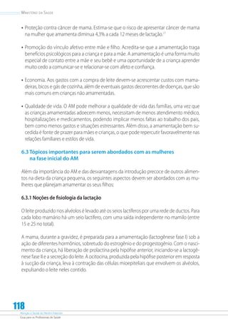Atenção à Saúde do Recém-Nascido
Guia para os Profissionais de Saúde
118
Ministério da Saúde
•	Proteção contra câncer de mama. Estima-se que o risco de apresentar câncer de mama
na mulher que amamenta diminua 4,3% a cada 12 meses de lactação.17
•	Promoção do vínculo afetivo entre mãe e filho. Acredita-se que a amamentação traga
benefícios psicológicos para a criança e para a mãe. A amamentação é uma forma muito
especial de contato entre a mãe e seu bebê e uma oportunidade de a criança aprender
muito cedo a comunicar-se e relacionar-se com afeto e confiança.
•	Economia. Aos gastos com a compra de leite devem-se acrescentar custos com mama-
deiras, bicos e gás de cozinha, além de eventuais gastos decorrentes de doenças, que são
mais comuns em crianças não amamentadas.
•	Qualidade de vida. O AM pode melhorar a qualidade de vida das famílias, uma vez que
as crianças amamentadas adoecem menos, necessitam de menos atendimento médico,
hospitalizações e medicamentos, podendo implicar menos faltas ao trabalho dos pais,
bem como menos gastos e situações estressantes. Além disso, a amamentação bem su-
cedida é fonte de prazer para mães e crianças, o que pode repercutir favoravelmente nas
relações familiares e estilos de vida.
6.3 Tópicos importantes para serem abordados com as mulheres
na fase inicial do AM
Além da importância do AM e das desvantagens da introdução precoce de outros alimen-
tos na dieta da criança pequena, os seguintes aspectos devem ser abordados com as mu-
lheres que planejam amamentar os seus filhos:
6.3.1 Noções de fisiologia da lactação
O leite produzido nos alvéolos é levado até os seios lactíferos por uma rede de ductos. Para
cada lobo mamário há um seio lactífero, com uma saída independente no mamilo (entre
15 e 25 no total).
A mama, durante a gravidez, é preparada para a amamentação (lactogênese fase I) sob a
ação de diferentes hormônios, sobretudo do estrogênio e do progestogênio. Com o nasci-
mento da criança, há liberação de prolactina pela hipófise anterior, iniciando-se a lactogê-
nese fase II e a secreção do leite. A ocitocina, produzida pela hipófise posterior em resposta
à sucção da criança, leva à contração das células mioepiteliais que envolvem os alvéolos,
expulsando o leite neles contido.
 