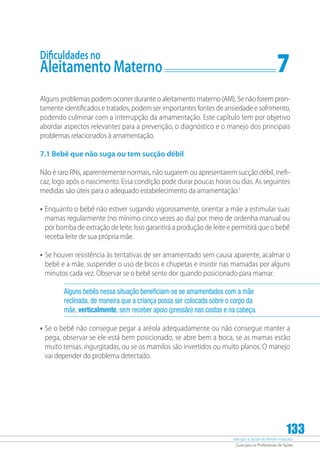 Atenção à Saúde do Recém-Nascido
Guia para os Profissionais de Saúde
133
Dificuldades no
Aleitamento Materno	 7
Alguns problemas podem ocorrer durante o aleitamento materno (AM). Se não forem pron-
tamente identificados e tratados, podem ser importantes fontes de ansiedade e sofrimento,
podendo culminar com a interrupção da amamentação. Este capítulo tem por objetivo
abordar aspectos relevantes para a prevenção, o diagnóstico e o manejo dos principais
problemas relacionados à amamentação.
7.1 Bebê que não suga ou tem sucção débil
Não é raro RNs, aparentemente normais, não sugarem ou apresentarem sucção débil, inefi-
caz, logo após o nascimento. Essa condição pode durar poucas horas ou dias. As seguintes
medidas são úteis para o adequado estabelecimento da amamentação:1
•	Enquanto o bebê não estiver sugando vigorosamente, orientar a mãe a estimular suas
mamas regularmente (no mínimo cinco vezes ao dia) por meio de ordenha manual ou
por bomba de extração de leite. Isso garantirá a produção de leite e permitirá que o bebê
receba leite de sua própria mãe.
•	Se houver resistência às tentativas de ser amamentado sem causa aparente, acalmar o
bebê e a mãe, suspender o uso de bicos e chupetas e insistir nas mamadas por alguns
minutos cada vez. Observar se o bebê sente dor quando posicionado para mamar.
Alguns bebês nessa situação beneficiam-se se amamentados com a mãe
reclinada, de maneira que a criança possa ser colocada sobre o corpo da
mãe, verticalmente, sem receber apoio (pressão) nas costas e na cabeça.
•	Se o bebê não consegue pegar a aréola adequadamente ou não consegue manter a
pega, observar se ele está bem posicionado, se abre bem a boca, se as mamas estão
muito tensas, ingurgitadas, ou se os mamilos são invertidos ou muito planos. O manejo
vai depender do problema detectado.
 