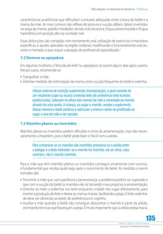 Atenção à Saúde do Recém-Nascido
Guia para os Profissionais de Saúde
135
Dificuldades no Aleitamento Materno 7 Capítulo
características anatômicas que dificultam o encaixe adequado entre a boca do bebê e a
mama da mãe. As mais comuns são reflexo de procura e sucção débeis, lábios invertidos
na pega da mama, padrão mordedor, tensão oral excessiva, língua posteriorizada e língua
hipertônica em posição alta na cavidade oral.
Essas disfunções são corrigidas com treinamento oral, utilização de exercícios e manobras
específicas, e ajustes aplicados na região orofacial, modificando o funcionamento oral du-
rante a mamada, o que requer a atuação de profissional especializado.3
7.2 Demora na apojadura
Em algumas mulheres a“descida do leite”ou apojadura só ocorre alguns dias após o parto.
Nesses casos, recomenda-se:
•	Tranquilizar a mãe.
•	Orientar medidas de estimulação da mama como sucção frequente do bebê e ordenha.
Utilizar sistema de nutrição suplementar (translactação), o qual consiste de
um recipiente (copo ou xícara) contendo leite (de preferência leite humano
pasteurizado), colocado na altura das mamas da mãe e conectado ao mamilo
através de uma sonda.A criança, ao sugar o mamilo, recebe o suplemento.
Dessa maneira o bebê continua a estimular a mama e sente-se gratificado ao
sugar o seio da mãe e ser saciado.
7.3 Mamilos planos ou invertidos
Mamilos planos ou invertidos podem dificultar o início da amamentação, mas não neces-
sariamente a impedem, pois o bebê pode fazer o“bico”com a aréola.
Para comprovar se os mamilos são invertidos pressiona-se a aréola entre
o polegar e o dedo indicador: se o mamilo for invertido, ele se retrai; caso
contrário, não é mamilo invertido.
Para a mãe que tem mamilos planos ou invertidos conseguir amamentar com sucesso,
é fundamental que receba ajuda logo após o nascimento do bebê. As medidas a serem
tomadas são:
•	Transmitir à mãe que, com paciência e perseverança, o problema poderá ser superado e
que com a sucção do bebê os mamilos vão se tornando mais propícios à amamentação.
•	Orientar as mães a ordenhar seu leite enquanto o bebê não sugar efetivamente, para
manter a produção do leite e deixar as mamas macias, facilitando a pega. O leite ordenha-
do deve ser oferecido ao bebê, de preferência em copinho.
•	Auxiliar a mãe quando o bebê não consegue abocanhar o mamilo e parte da aréola,
orientando técnicas que favoreçam a pega. É muito importante que a aréola esteja macia.
 