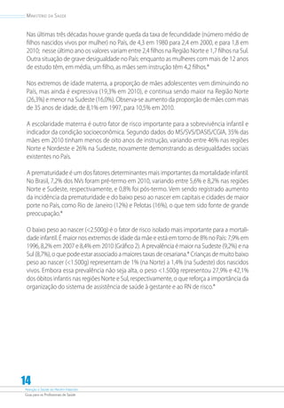 Atenção à Saúde do Recém-Nascido
Guia para os Profissionais de Saúde
14
Ministério da Saúde
Nas últimas três décadas houve grande queda da taxa de fecundidade (número médio de
filhos nascidos vivos por mulher) no País, de 4,3 em 1980 para 2,4 em 2000, e para 1,8 em
2010; nesse último ano os valores variam entre 2,4 filhos na Região Norte e 1,7 filhos na Sul.
Outra situação de grave desigualdade no País: enquanto as mulheres com mais de 12 anos
de estudo têm, em média, um filho, as mães sem instrução têm 4,2 filhos.*
Nos extremos de idade materna, a proporção de mães adolescentes vem diminuindo no
País, mas ainda é expressiva (19,3% em 2010), e continua sendo maior na Região Norte
(26,3%) e menor na Sudeste (16,0%). Observa-se aumento da proporção de mães com mais
de 35 anos de idade, de 8,1% em 1997, para 10,5% em 2010.
A escolaridade materna é outro fator de risco importante para a sobrevivência infantil e
indicador da condição socioeconômica. Segundo dados do MS/SVS/DASIS/CGIA, 35% das
mães em 2010 tinham menos de oito anos de instrução, variando entre 46% nas regiões
Norte e Nordeste e 26% na Sudeste, novamente demonstrando as desigualdades sociais
existentes no País.
A prematuridade é um dos fatores determinantes mais importantes da mortalidade infantil.
No Brasil, 7,2% dos NVs foram pré-termo em 2010, variando entre 5,6% e 8,2% nas regiões
Norte e Sudeste, respectivamente, e 0,8% foi pós-termo. Vem sendo registrado aumento
da incidência da prematuridade e do baixo peso ao nascer em capitais e cidades de maior
porte no País, como Rio de Janeiro (12%) e Pelotas (16%), o que tem sido fonte de grande
preocupação.*
O baixo peso ao nascer (2.500g) é o fator de risco isolado mais importante para a mortali-
dade infantil. É maior nos extremos de idade da mãe e está em torno de 8% no País: 7,9% em
1996, 8,2% em 2007 e 8,4% em 2010 (Gráfico 2). A prevalência é maior na Sudeste (9,2%) e na
Sul (8,7%), o que pode estar associado a maiores taxas de cesariana.* Crianças de muito baixo
peso ao nascer (1.500g) representam de 1% (na Norte) a 1,4% (na Sudeste) dos nascidos
vivos. Embora essa prevalência não seja alta, o peso 1.500g representou 27,9% e 42,1%
dos óbitos infantis nas regiões Norte e Sul, respectivamente, o que reforça a importância da
organização do sistema de assistência de saúde à gestante e ao RN de risco.*
 