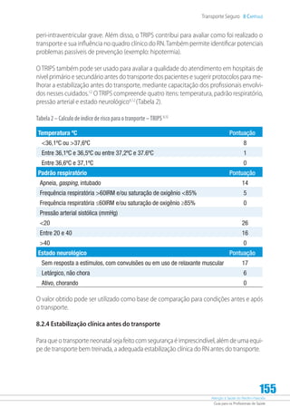 Atenção à Saúde do Recém-Nascido
Guia para os Profissionais de Saúde
155
Transporte Seguro 8 Capítulo
peri-intraventricular grave. Além disso, o TRIPS contribui para avaliar como foi realizado o
transporte e sua influência no quadro clínico do RN.Também permite identificar potenciais
problemas passíveis de prevenção (exemplo: hipotermia).
O TRIPS também pode ser usado para avaliar a qualidade do atendimento em hospitais de
nível primário e secundário antes do transporte dos pacientes e sugerir protocolos para me-
lhorar a estabilização antes do transporte, mediante capacitação dos profissionais envolvi-
dos nesses cuidados.12
OTRIPS compreende quatro itens: temperatura, padrão respiratório,
pressão arterial e estado neurológico4,12
(Tabela 2).
Tabela2–Calculodeíndicederiscoparaotranporte–TRIPS4,12
Temperatura ºC Pontuação
36,1ºC ou 37,6ºC 8
Entre 36,1ºC e 36,5ºC ou entre 37,2ºC e 37.6ºC 1
Entre 36,6ºC e 37,1ºC 0
Padrão respiratório Pontuação
Apneia, gasping, intubado 14
Frequência respiratória 60IRM e/ou saturação de oxigênio 85% 5
Frequência respiratória ≤60IRM e/ou saturação de oxigênio ≥85% 0
Pressão arterial sistólica (mmHg)
20 26
Entre 20 e 40 16
40 0
Estado neurológico Pontuação
Sem resposta a estímulos, com convulsões ou em uso de relaxante muscular 17
Letárgico, não chora 6
Ativo, chorando 0
O valor obtido pode ser utilizado como base de comparação para condições antes e após
o transporte.
8.2.4 Estabilização clínica antes do transporte
Para que o transporte neonatal seja feito com segurança é imprescindível, além de uma equi-
pe de transporte bem treinada, a adequada estabilização clínica do RN antes do transporte.
 