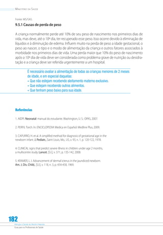 Atenção à Saúde do Recém-Nascido
Guia para os Profissionais de Saúde
182
Ministério da Saúde
Fonte: MS/SAS.
9.5.1 Causas de perda de peso
A criança normalmente perde até 10% de seu peso de nascimento nos primeiros dias de
vida, mas deve, até o 10º dia, ter recuperado esse peso. Isso ocorre devido à eliminação de
líquidos e à diminuição de edema. Inﬂuem muito na perda de peso a idade gestacional, o
peso ao nascer, o tipo e o modo de alimentação da criança e outros fatores associados à
morbidade nos primeiros dias de vida. Uma perda maior que 10% do peso de nascimento
após o 10º dia de vida deve ser considerada como problema grave de nutrição ou desidra-
tação e a criança deve ser referida urgentemente a um hospital.
É necessário avaliar a alimentação de todas as crianças menores de 2 meses
de idade, e em especial daquelas:
•	Que não estejam recebendo aleitamento materno exclusivo.
•	Que estejam recebendo outros alimentos.
•	Que tenham peso baixo para sua idade.
Referências
1. AIDPI. Neonatal: manual do estudante. Washington, U. S.: OPAS, 2007.
2. PERFIL Torch. In: ENCICLOPEDIA Medica en Español. Medline Plus, 2009.
3. CAPURRO, H. et al. A simplifed method for diagnosis of gestational age in the
newborn infant. J. Pediatr., Saint Louis, Mo., US, v. 93, n. 1, p. 120-122, 1978.
4. CLINICAL signs that predict severe illness in children under age 2 months,
a multicentre study. Lancet, [S.l.], v. 371, p. 135-142, 2008.
5. KRAMER, L. I. Advancement of dermal icterus in the jaundiced newborn.
Am. J. Dis. Child., [S.l.], v. 118, n. 3, p. 454-458, 1969.
 