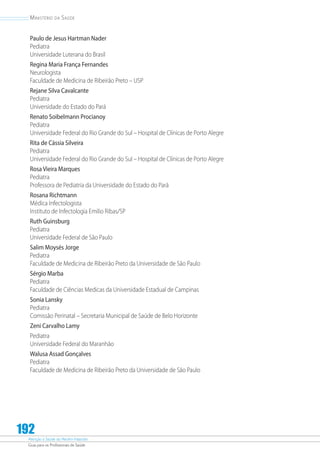 Atenção à Saúde do Recém-Nascido
Guia para os Profissionais de Saúde
192
Ministério da Saúde
Paulo de Jesus Hartman Nader
Pediatra
Universidade Luterana do Brasil
Regina Maria França Fernandes
Neurologista
Faculdade de Medicina de Ribeirão Preto – USP
Rejane Silva Cavalcante
Pediatra
Universidade do Estado do Pará
Renato Soibelmann Procianoy
Pediatra
Universidade Federal do Rio Grande do Sul – Hospital de Clínicas de Porto Alegre
Rita de Cássia Silveira
Pediatra
Universidade Federal do Rio Grande do Sul – Hospital de Clínicas de Porto Alegre
Rosa Vieira Marques
Pediatra
Professora de Pediatria da Universidade do Estado do Pará
Rosana Richtmann
Médica Infectologista
Instituto de Infectologia Emilio Ribas/SP
Ruth Guinsburg
Pediatra
Universidade Federal de São Paulo
Salim Moysés Jorge
Pediatra
Faculdade de Medicina de Ribeirão Preto da Universidade de São Paulo
Sérgio Marba
Pediatra
Faculdade de Ciências Medicas da Universidade Estadual de Campinas
Sonia Lansky
Pediatra
Comissão Perinatal – Secretaria Municipal de Saúde de Belo Horizonte
Zeni Carvalho Lamy
Pediatra
Universidade Federal do Maranhão
Walusa Assad Gonçalves
Pediatra
Faculdade de Medicina de Ribeirão Preto da Universidade de São Paulo
 
