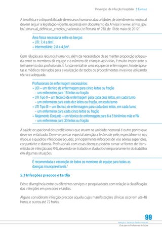Atenção à Saúde do Recém-Nascido
Guia para os Profissionais de Saúde
99
Prevenção da Infecção Hospitalar 5 Capítulo
A área física e a disponibilidade de recursos humanos das unidades de atendimento neonatal
devem seguir a legislação vigente, expressa em documento da Anvisa (www. anvisa.gov.
br/.../manual_definicao_criterios_nacionais) e Portaria nº 930, de 10 de maio de 20127
.
Área física necessária entre os berços:
•	UTI: 7,4 a 9m2
.
•	Intermediário: 2,8 a 4,6m2
.
Com relação aos recursos humanos, além da necessidade de se manter proporção adequa-
da entre os membros da equipe e o número de crianças assistidas, é muito importante o
treinamento dos profissionais. É fundamental ter uma equipe de enfermagem, fisioterapeu-
tas e médicos treinados para a realização de todos os procedimentos invasivos utilizando
técnica adequada.
Profissionais de enfermagem necessários:
•	UCI – um técnico de enfermagem para cinco leitos ou fração
-- um enfermeiro para 15 leitos ou fração
•	UTI Tipo II – um técnico de enfermagem para cada dois leitos, em cada turno
-- um enfermeiro para cada dez leitos ou fração, em cada turno
•	UTI Tipo III – um técnico de enfermagem para cada dois leitos, em cada turno
-- um enfermeiro para cada cinco leitos ou fração
•	Alojamento Conjunto – um técnico de enfermagem para 6 a 8 binômios mãe e RN
-- um enfermeiro para 30 leitos ou fração
A saúde ocupacional dos profissionais que atuam na unidade neonatal é outro ponto que
deve ser enfatizado. Deve-se prestar especial atenção a lesões de pele, especialmente nas
mãos, e a quadros infecciosos agudos, principalmente infecções de vias aéreas superiores,
conjuntivite e diarreia. Profissionais com essas doenças podem tornar-se fontes de trans-
missão de infecção aos RNs, devendo ser tratados e afastados temporariamente do trabalho
em algumas situações.
É recomendada a vacinação de todos os membros da equipe para todas as
doenças imunopreviníveis.1
5.3 Infecções precoce e tardia
Existe divergência entre os diferentes serviços e pesquisadores com relação à classificação
das infecções em precoces e tardias.
Alguns consideram infecção precoce aquela cujas manifestações clínicas ocorrem até 48
horas, e outros até 72 horas.
 