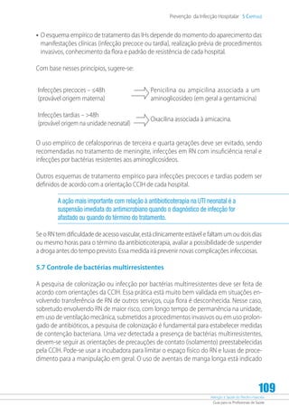 Atenção à Saúde do Recém-Nascido
Guia para os Profissionais de Saúde
109
Prevenção da Infecção Hospitalar 5 Capítulo
•	O esquema empírico de tratamento das IHs depende do momento do aparecimento das
manifestações clínicas (infecção precoce ou tardia), realização prévia de procedimentos
invasivos, conhecimento da flora e padrão de resistência de cada hospital.
Com base nesses princípios, sugere-se:
Infecções precoces – ≤48h
(provável origem materna)
Penicilina ou ampicilina associada a um
aminoglicosídeo (em geral a gentamicina)
Infecções tardias – 48h
(provável origem na unidade neonatal)
Oxacilina associada à amicacina.
O uso empírico de cefalosporinas de terceira e quarta gerações deve ser evitado, sendo
recomendadas no tratamento de meningite, infecções em RN com insuficiência renal e
infecções por bactérias resistentes aos aminoglicosídeos.
Outros esquemas de tratamento empírico para infecções precoces e tardias podem ser
definidos de acordo com a orientação CCIH de cada hospital.
A ação mais importante com relação à antibioticoterapia na UTI neonatal é a
suspensão imediata do antimicrobiano quando o diagnóstico de infecção for
afastado ou quando do término do tratamento.
Se o RN tem dificuldade de acesso vascular, está clinicamente estável e faltam um ou dois dias
ou mesmo horas para o término da antibioticoterapia, avaliar a possibilidade de suspender
a droga antes do tempo previsto. Essa medida irá prevenir novas complicações infecciosas.
5.7 Controle de bactérias multirresistentes
A pesquisa de colonização ou infecção por bactérias multirresistentes deve ser feita de
acordo com orientações da CCIH. Essa prática está muito bem validada em situações en-
volvendo transferência de RN de outros serviços, cuja flora é desconhecida. Nesse caso,
sobretudo envolvendo RN de maior risco, com longo tempo de permanência na unidade,
em uso de ventilação mecânica, submetidos a procedimentos invasivos ou em uso prolon-
gado de antibióticos, a pesquisa de colonização é fundamental para estabelecer medidas
de contenção bacteriana. Uma vez detectada a presença de bactérias multirresistentes,
devem-se seguir as orientações de precauções de contato (isolamento) preestabelecidas
pela CCIH. Pode-se usar a incubadora para limitar o espaço físico do RN e luvas de proce-
dimento para a manipulação em geral. O uso de aventais de manga longa está indicado
 