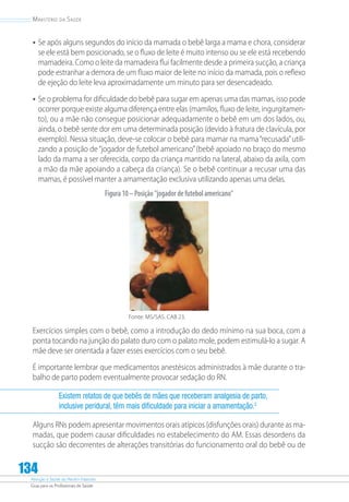 Atenção à Saúde do Recém-Nascido
Guia para os Profissionais de Saúde
134
Ministério da Saúde
•	Se após alguns segundos do início da mamada o bebê larga a mama e chora, considerar
se ele está bem posicionado, se o fluxo de leite é muito intenso ou se ele está recebendo
mamadeira. Como o leite da mamadeira flui facilmente desde a primeira sucção, a criança
pode estranhar a demora de um fluxo maior de leite no início da mamada, pois o reflexo
de ejeção do leite leva aproximadamente um minuto para ser desencadeado.
•	Se o problema for dificuldade do bebê para sugar em apenas uma das mamas, isso pode
ocorrer porque existe alguma diferença entre elas (mamilos, fluxo de leite, ingurgitamen-
to), ou a mãe não consegue posicionar adequadamente o bebê em um dos lados, ou,
ainda, o bebê sente dor em uma determinada posição (devido à fratura de clavícula, por
exemplo). Nessa situação, deve-se colocar o bebê para mamar na mama“recusada”utili-
zando a posição de“jogador de futebol americano”(bebê apoiado no braço do mesmo
lado da mama a ser oferecida, corpo da criança mantido na lateral, abaixo da axila, com
a mão da mãe apoiando a cabeça da criança). Se o bebê continuar a recusar uma das
mamas, é possível manter a amamentação exclusiva utilizando apenas uma delas.
Figura10–Posiçãojogadordefutebolamericano
Fonte: MS/SAS. CAB 23.
Exercícios simples com o bebê, como a introdução do dedo mínimo na sua boca, com a
ponta tocando na junção do palato duro com o palato mole, podem estimulá-lo a sugar. A
mãe deve ser orientada a fazer esses exercícios com o seu bebê.
É importante lembrar que medicamentos anestésicos administrados à mãe durante o tra-
balho de parto podem eventualmente provocar sedação do RN.
Existem relatos de que bebês de mães que receberam analgesia de parto,
inclusive peridural, têm mais dificuldade para iniciar a amamentação.2
Alguns RNs podem apresentar movimentos orais atípicos (disfunções orais) durante as ma-
madas, que podem causar dificuldades no estabelecimento do AM. Essas desordens da
sucção são decorrentes de alterações transitórias do funcionamento oral do bebê ou de
 