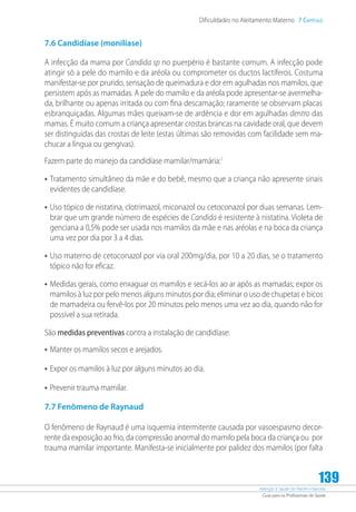 Atenção à Saúde do Recém-Nascido
Guia para os Profissionais de Saúde
139
Dificuldades no Aleitamento Materno 7 Capítulo
7.6 Candidíase (monilíase)
A infecção da mama por Candida sp no puerpério é bastante comum. A infecção pode
atingir só a pele do mamilo e da aréola ou comprometer os ductos lactíferos. Costuma
manifestar-se por prurido, sensação de queimadura e dor em agulhadas nos mamilos, que
persistem após as mamadas. A pele do mamilo e da aréola pode apresentar-se avermelha-
da, brilhante ou apenas irritada ou com fina descamação; raramente se observam placas
esbranquiçadas. Algumas mães queixam-se de ardência e dor em agulhadas dentro das
mamas. É muito comum a criança apresentar crostas brancas na cavidade oral, que devem
ser distinguidas das crostas de leite (estas últimas são removidas com facilidade sem ma-
chucar a língua ou gengivas).
Fazem parte do manejo da candidíase mamilar/mamária:7
•	Tratamento simultâneo da mãe e do bebê, mesmo que a criança não apresente sinais
evidentes de candidíase.
•	Uso tópico de nistatina, clotrimazol, miconazol ou cetoconazol por duas semanas. Lem-
brar que um grande número de espécies de Candida é resistente à nistatina. Violeta de
genciana a 0,5% pode ser usada nos mamilos da mãe e nas aréolas e na boca da criança
uma vez por dia por 3 a 4 dias.
•	Uso materno de cetoconazol por via oral 200mg/dia, por 10 a 20 dias, se o tratamento
tópico não for eficaz.
•	Medidas gerais, como enxaguar os mamilos e secá-los ao ar após as mamadas; expor os
mamilos à luz por pelo menos alguns minutos por dia; eliminar o uso de chupetas e bicos
de mamadeira ou fervê-los por 20 minutos pelo menos uma vez ao dia, quando não for
possível a sua retirada.
São medidas preventivas contra a instalação de candidíase:
•	Manter os mamilos secos e arejados.
•	Expor os mamilos à luz por alguns minutos ao dia.
•	Prevenir trauma mamilar.
7.7 Fenômeno de Raynaud
O fenômeno de Raynaud é uma isquemia intermitente causada por vasoespasmo decor-
rente da exposição ao frio, da compressão anormal do mamilo pela boca da criança ou por
trauma mamilar importante. Manifesta-se inicialmente por palidez dos mamilos (por falta
 