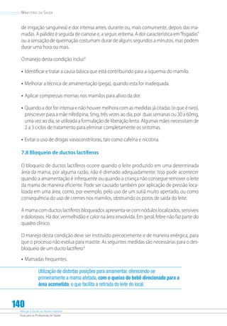 Atenção à Saúde do Recém-Nascido
Guia para os Profissionais de Saúde
140
Ministério da Saúde
de irrigação sanguínea) e dor intensa antes, durante ou, mais comumente, depois das ma-
madas. A palidez é seguida de cianose e, a seguir, eritema. A dor característica em“fisgadas”
ou a sensação de queimação costumam durar de alguns segundos a minutos, mas podem
durar uma hora ou mais.
O manejo desta condição inclui:6
•	Identificar e tratar a causa básica que está contribuindo para a isquemia do mamilo.
•	Melhorar a técnica de amamentação (pega), quando esta for inadequada.
•	Aplicar compressas mornas nos mamilos para alívio da dor.
•	Quando a dor for intensa e não houver melhora com as medidas já citadas (o que é raro),
prescrever para a mãe nifedipina, 5mg, três vezes ao dia, por duas semanas ou 30 a 60mg,
uma vez ao dia, se utilizada a formulação de liberação lenta. Algumas mães necessitam de
2 a 3 ciclos de tratamento para eliminar completamente os sintomas.
•	Evitar o uso de drogas vasoconstritoras, tais como cafeína e nicotina.
7.8 Bloqueio de ductos lactíferos
O bloqueio de ductos lactíferos ocorre quando o leite produzido em uma determinada
área da mama, por alguma razão, não é drenado adequadamente. Isso pode acontecer
quando a amamentação é infrequente ou quando a criança não consegue remover o leite
da mama de maneira eficiente. Pode ser causado também por aplicação de pressão loca-
lizada em uma área, como, por exemplo, pelo uso de um sutiã muito apertado, ou como
consequência do uso de cremes nos mamilos, obstruindo os poros de saída do leite.
A mama com ductos lactíferos bloqueados apresenta-se com nódulos localizados, sensíveis
e dolorosos. Há dor, vermelhidão e calor na área envolvida. Em geral, febre não faz parte do
quadro clínico.
O manejo desta condição deve ser instituído precocemente e de maneira enérgica, para
que o processo não evolua para mastite. As seguintes medidas são necessárias para o des-
bloqueio de um ducto lactífero:6
•	Mamadas frequentes.
Utilização de distintas posições para amamentar, oferecendo-se
primeiramente a mama afetada, com o queixo do bebê direcionado para a
área acometida, o que facilita a retirada do leite do local.
 